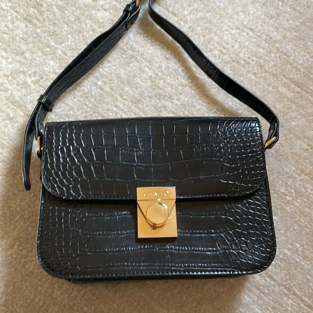 Black Croc Embossed Shoulder Bag with Gold Hardware